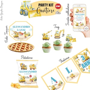 party kit compleanno CANTIERE, costruzioni, camion con gru, veicoli, battesimo, party kit cantiere, 1 anno, 2 anni, 3 anni, bambino