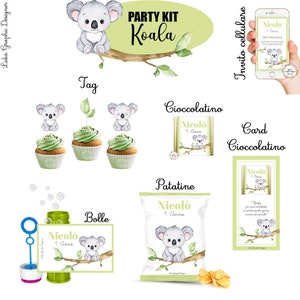 PARTY KIT KOALA, battesimo, compleanno, comunione, cioccolatini, segnalibro, invito social, bomboniere, tableau, menù, gadget festa bambini