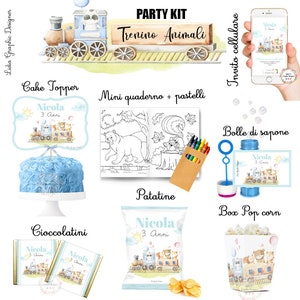 PARTY KIT TRENO con animali del bosco, orsetto, nascita, battesimo, compleanno, bambini, cioccolatini, segnalibro, invito social, festa