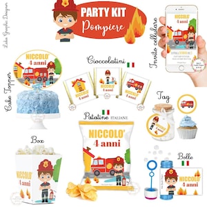 PARTY KIT Vigile del fuoco o pompiere, compleanno 3 anni, 4 anni, 5 anni, 6 anni, 7 anni, 8, bambini, cioccolatini, invito festa, polizia