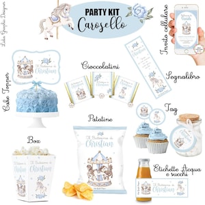 PARTY KIT CAROSELLO, nascita, compleanno, battesimo, comunione, cresima, bambini, cioccolatini, segnalibri, invito social, orsetto, elefante