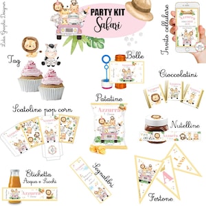 PARTY KIT SAVANA, animali della giungla, cioccolatini personalizzati, biglietti bomboniera, bambina, 1 anno, 2 anni, compleanno, re leone