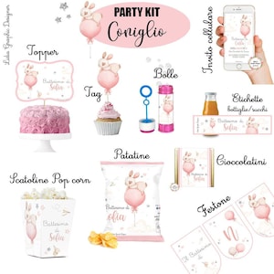 PARTY KIT CONIGLIO con palloncino rosa, nascita, compleanno, battesimo, bambina, cioccolatini, segnalibri, segnaposto, invito, orsetto