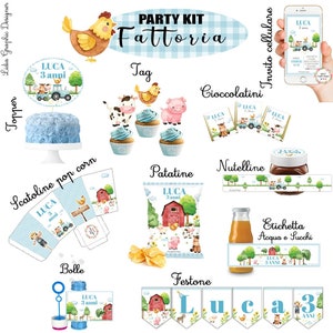PARTY KIT animali FATTORIA e trattore, primo compleanno, cavallo, mucca, papera, oca, nutelline, cioccolatini, segnalibri, bomboniere, blu