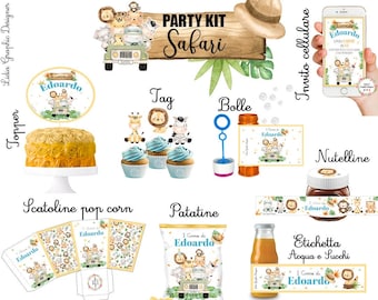 PARTY KIT SAFARI, animali della savana, tag confettata, banner, topper torta, cioccolatini personalizzati, bomboniere, bambino, leone,zebra