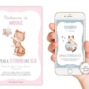 Invito digitale animali GATTI, nascita, battesimo, festa di compleanno, comunione, cresima bambini, party kit, cioccolatini, 4 anni, 5 anni