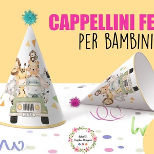 CAPPELLINI di carta, SAFARI, festa di Compleanno, Bambini, allestimento festa, party kit savana, libro da colorare, pastelli, fattoria