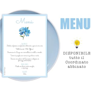 MENù fiore NON ti SCORDAR di me, battesimo, compleanno, comunione, cresima, nozze, anniversario segnatavolo, bomboniera, cioccolatini, bimbi