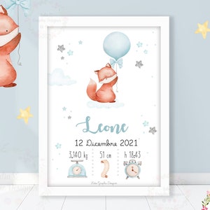 QUADRETTO nascita VOLPE e palloncino, regalo nascita, regalo battesimo, regalo natale neonato, ricordo neonato, bambina, bambino, primi mesi