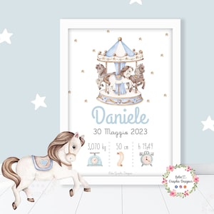 QUADRETTO nascita GIOSTRA CAVALLI o carosello, idea regalo nascita, regalo battesimo, primo compleanno, fiocco nascita, bambini, natale, blu