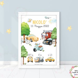 Quadretto nascita MEZZI DI TRASPORTO, idea regalo nascita, bambino, battesimo, compleanno, party kit, invito digitale, metro crescita muro
