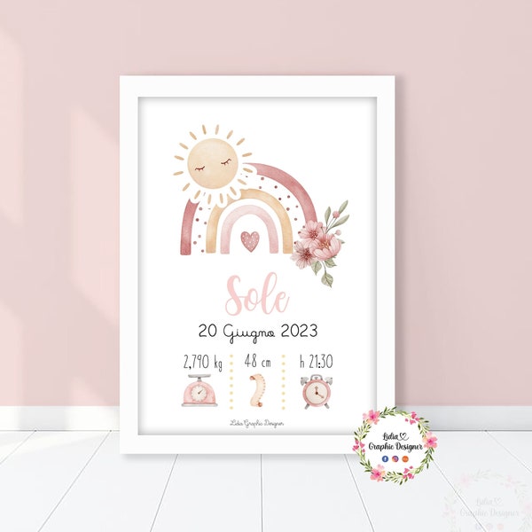 Quadretto nascita ARCOBALENO e SOLE, idea regalo nascita per bambino e bambina, battesimo, 1 anno, compleanno, regalo natale, party kit