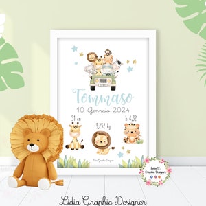 Quadretto nascita animali safari jeep, bambini, idea regalo nascita, battesimo, compleanno, fiocco nascita, personalizzato, leone, giraffa