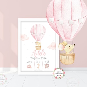 Quadretto nascita MONGOLFIERA con orsetto e elefante, idea regalo nascita, battesimo, compleanno, fiocco nascita, bambini, carte prime tappe