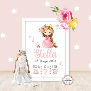 Quadretto nascita PRINCIPESSA, rosa, idea regalo nascita, bambina, battesimo, compleanno, cameretta, party kit, segnalibro, metro crescita
