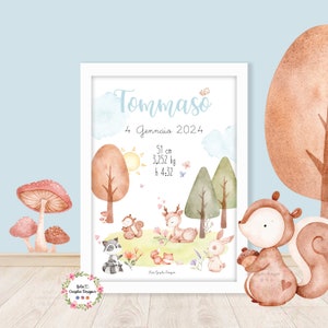 Quadretto nascita animali del bosco, bambini, idea regalo nascita, battesimo, compleanno, fiocco nascita, personalizzato, rosa, azzurro