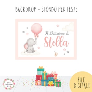 BACKDROP elefante con palloncino, 1 anno, battesimo, bambino e bambina, allestimento feste, bomboniere, cioccolatini, party kit, compleanno