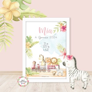 Quadretto nascita treno animali safari, bambini, idea regalo nascita, battesimo, compleanno, fiocco nascita, personalizzato, rosa, azzurro