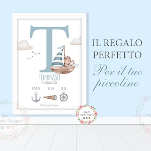 Quadretto nascita ORSETTO MARINAIO, bambini, idea regalo nascita, battesimo, compleanno, fiocco nascita, personalizzato, azzurro, mare