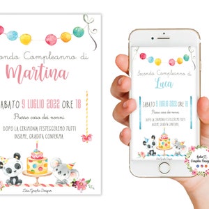 Invito compleanno animali i festa, primo compleanno, invito digitale battesimo, cresima, annuncio nascita, neonato, rosa, azzurro