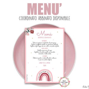 MENù ARCOBALENO ROSA e stelle oro, nascita, battesimo, compleanno, comunione, cresima, segnalibri, bomboniera, cioccolatini, party kit rosa