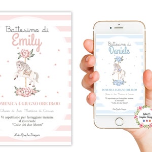 Invito digitale CAROSELLO o giostra cavalli, nascita, battesimo, compleanno, comunione, cresima, bomboniera, segnalibro, cioccolatini,