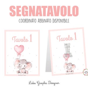 SEGNATAVOLO e segnaposto ELEFANTE con palloncino, nascita, battesimo, compleanno, bomboniera, party kit, cioccolatini, commensali, tableau