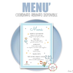 MENù PICCOLO PRINCIPE, nascita, battesimo, compleanno, comunione, cresima, segnatavolo, tableau, bomboniera, cioccolatini, party kit, blu