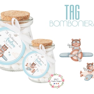Bigliettino per Bomboniera ORSETTO, AVIATORE, aereo, tag confetti, nascita, battesimo, comunione, cresima, bambino, bambina, segnalibro