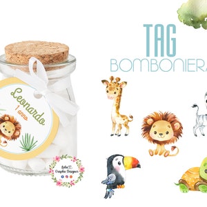 Bigliettino per Bomboniera animali della savana, safari, nascita, battesimo, comunione, cresima, bambino, bambina, leone, giraffa, confetti