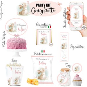 PARTY KIT coniglietto rosa, nascita, battesimo, compleanno, comunione, cresima, bambini, cioccolatini, segnalibro, matite piantabili, tag