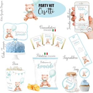 PARTY KIT ORSETTO e palloncini, battesimo, compleanno bambino, segnaposto cioccolatini, segnalibro, invito social, confettata, menù, tableau