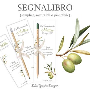 SEGNALIBRO bomboniera RAMOSCELLO OLIVO benedetto, nascita, battesimo, comunione, segnaposto, idea regalo, matita piantabile, cioccolatini