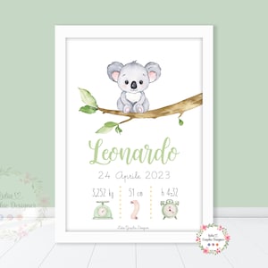 Quadretto nascita KOALA, idea regalo nascita per bambino e bambina, battesimo, 1 anno, fiocco nascita, cameretta, bomboniera, regalo natale