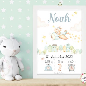Quadretto nascita VOLPE, idea regalo nascita bambina, bambino, battesimo, primo compleanno, fiocco nascita, invito digitale, animale, aereo
