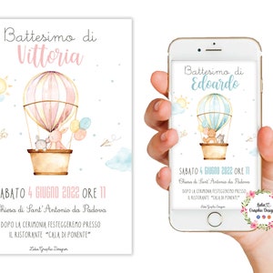 Invito digitale battesimo Mongolfiera, nascita, battesimo, primo compleanno, rosa, azzurro, bambini, animali, cioccolatini, party kit
