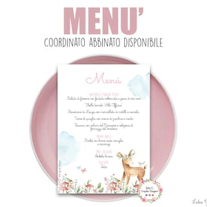MENù CERBIATTO e farfalle, nascita, battesimo, compleanno, comunione, cresima, segnatavolo, tableau, bomboniera, cioccolatini, party kit