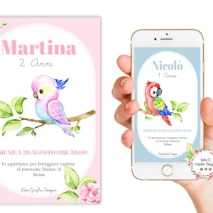 Invito digitale PAPPAGALLI, festa, nascita, battesimo, comunione, cresima, party kit, invito digitale, 1 anni, 2 anni, 3 anni, bambini