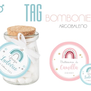 TAG BOMBONIERA ARCOBALENO, nascita, battesimo, compleanno, comunione, bambini, cioccolatini, segnalibro, invito festa, confetti, mongolfiera