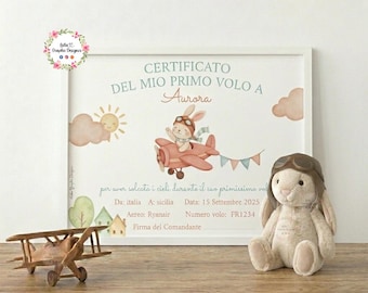 Certificato PRIMO VOLO coniglietta aviatrice bambina, Battesimo dell'aria neonata, ricordo primo viaggio aereo, file stampabile a mano