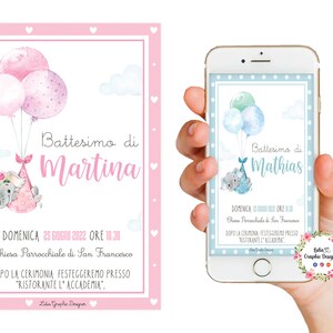 Invito digitale ELEFANTE con PALLONCINI, invito battesimo, invito compleanno, invito Whatsapp, comunione, cresima, animali del bosco