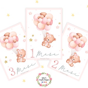 Carte PRIME TAPPE orsetto con palloncino, idea regalo neonato, regalo bambino, fiocco nascita, quadretto nascita, milestone cards, rosa