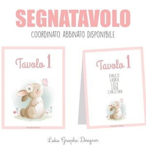 SEGNATAVOLO e segnaposto coniglietto rosa, nascita, battesimo, compleanno, comunione, cresima, bomboniera, party kit, cioccolatini, tableau