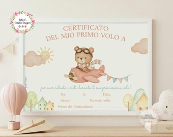 Attestato BATTESIMO DEL VOLO Personalizzato orsetto aviatore, Primo volo bambina, ricordo primo viaggio aereo, certificato volo da stampare