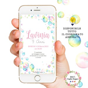 Invito digitale festa BOLLE DI SAPONE, Nascita, Battesimo, Compleanno, cioccolatini, comunione, bambini, segnalibri, party kit, 9 anni, rosa