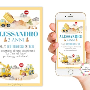 Invito FESTA compleanno CANTIERE, camion con gru, veicoli da costruzione, battesimo, party kit cantiere, 1 anno, 2 anni, 3 anni, bambino