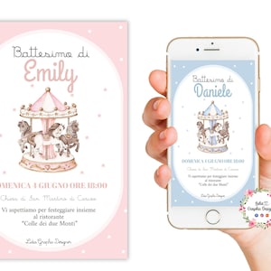 Invito digitale CAROSELLO o giostra cavalli, nascita, battesimo, festa compleanno, comunione, cresima, bomboniera, segnalibro, bambino, tag