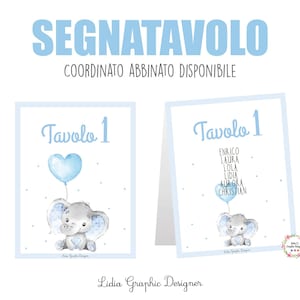 SEGNATAVOLO e segnaposto ELEFANTE con palloncino, nascita, battesimo, compleanno, bomboniera, party kit, cioccolatini, commensali, tableau