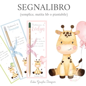 Segnalibri GIRAFFA, nascita, compleanno, battesimo, comunione, cresima, matita piantabile, bomboniera, cioccolatini, personalizzato, rosa
