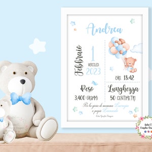 Quadretto nascita Orsetto con palloncino, quadretto bambina, bambino, idea regalo nascita, battesimo, compleanno, 1 anno, fiocco nascita
